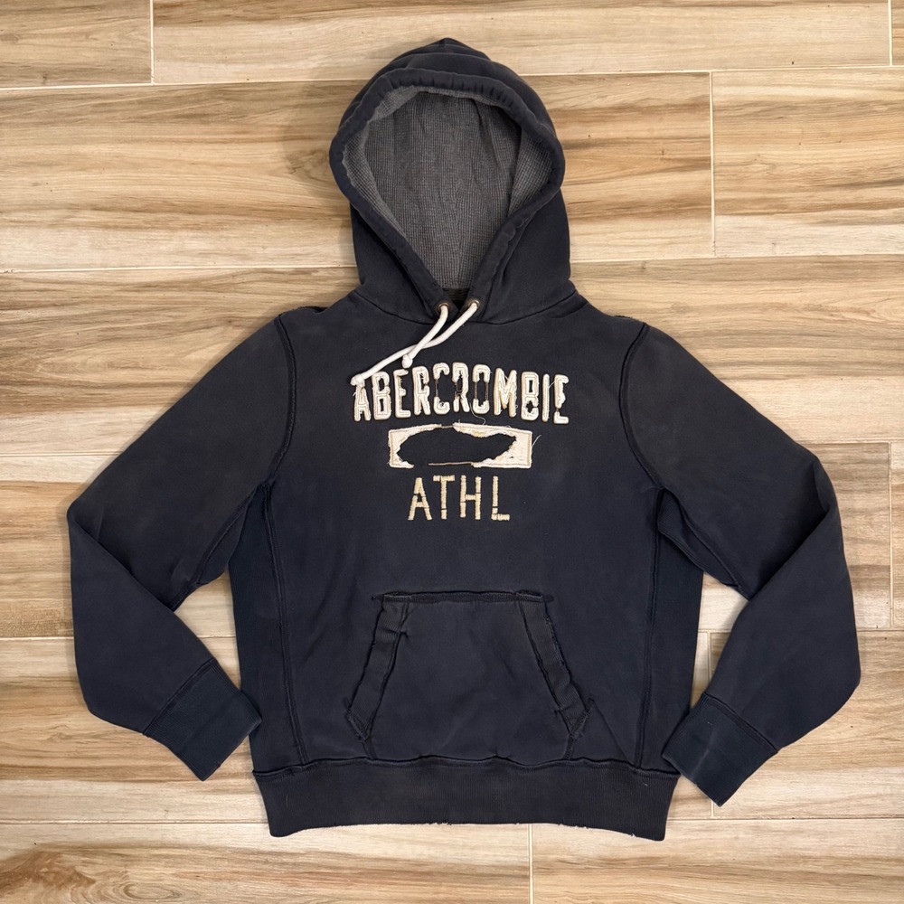 Vtg Abercrombie & Fitch Hoodie Mens XL Navy Blue Distressed Y2K Spellout Muscle